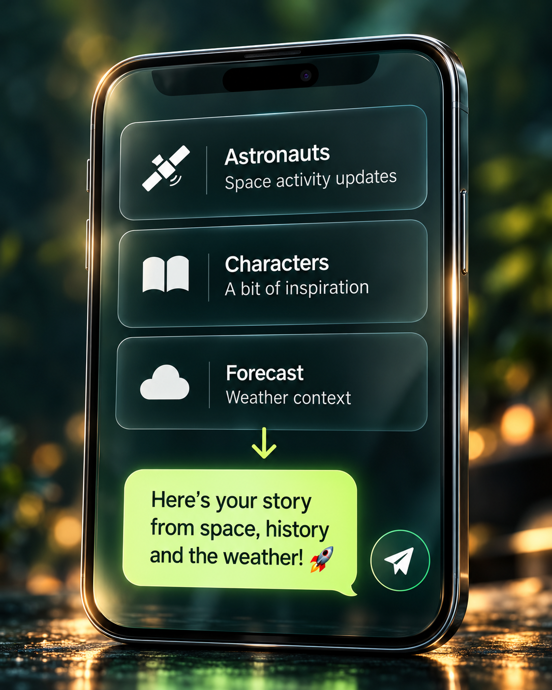 Illustrative phone combining astronaut, character and weather information into a message